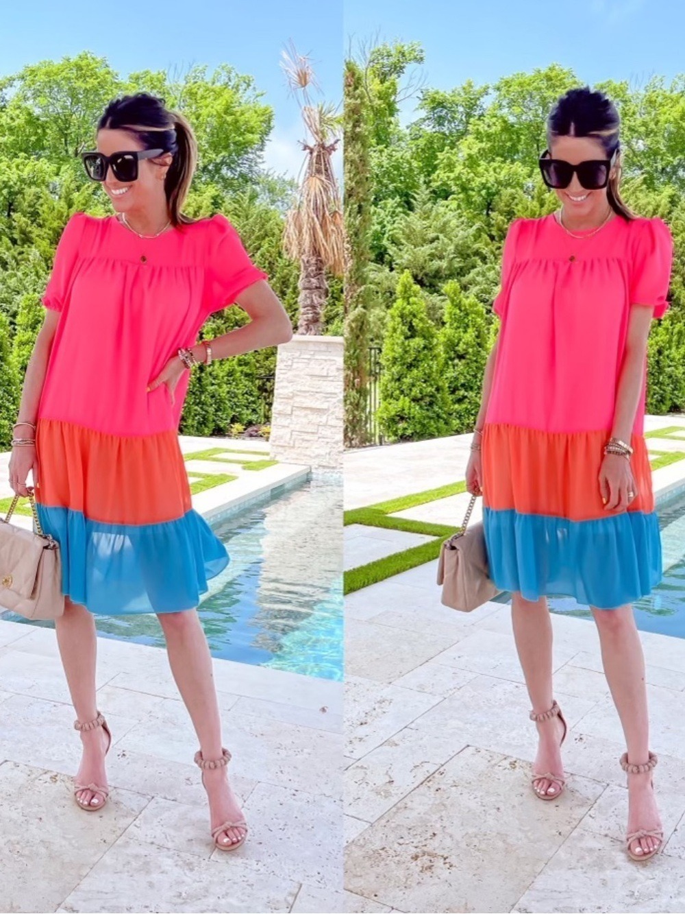 SHEIN Hot Pink, Orange & Teal Tiered Colorblock Dress short sleeves lined sz XL